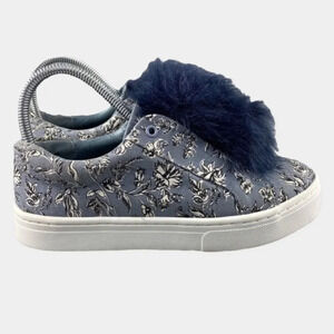 SAM EDELMAN Leya Sneakers Gray Floral Faux‎ Fur Trim Slip-Ons Women's 7.5M